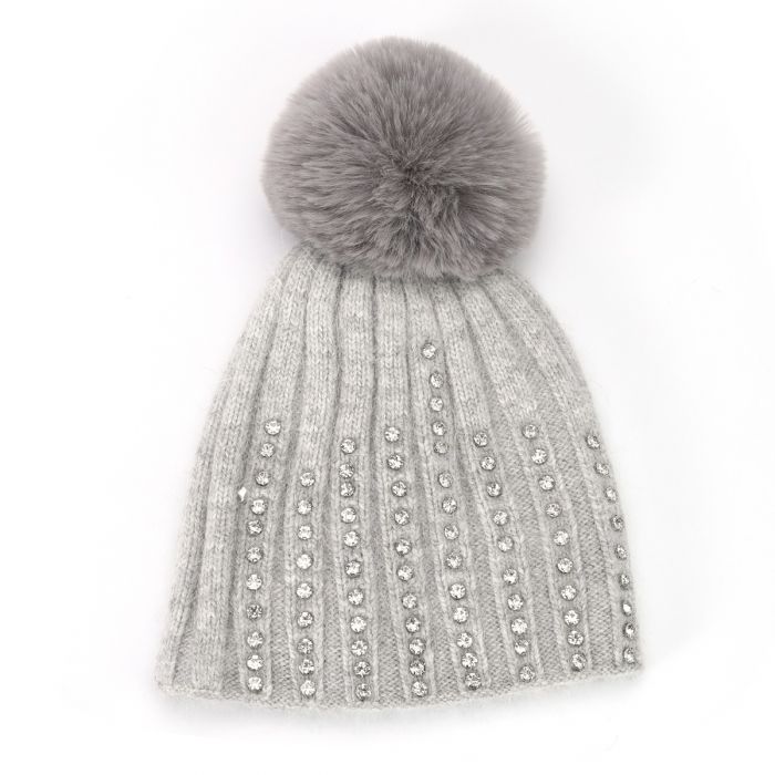 Crystal Studded Pom Pom Hat - Silver