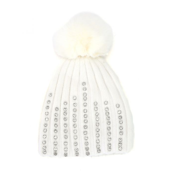 Crystal Studded Pom Pom Hat - Cream