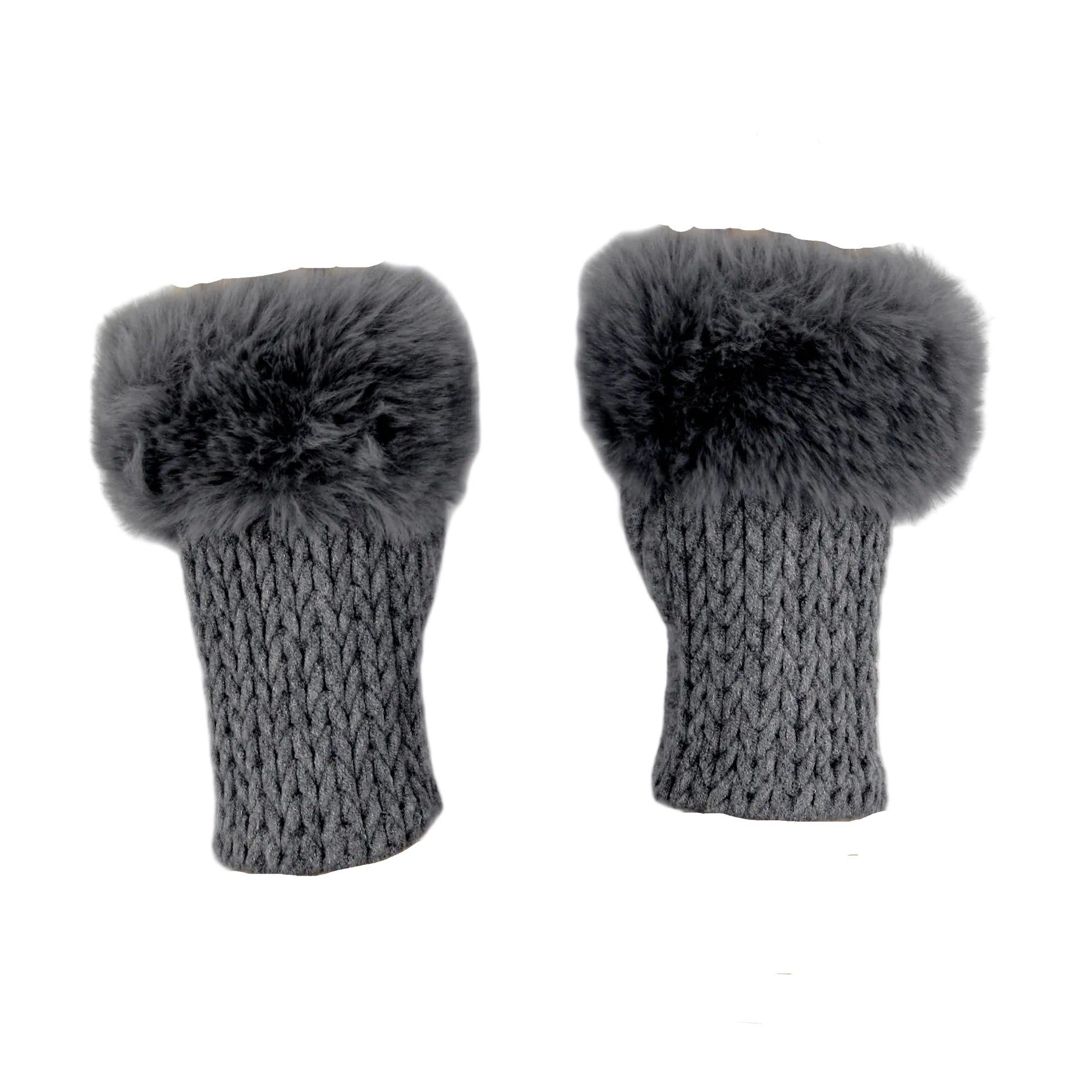 Cashmere Blend Fur Trimmed Fingerless Gloves - Charcoal