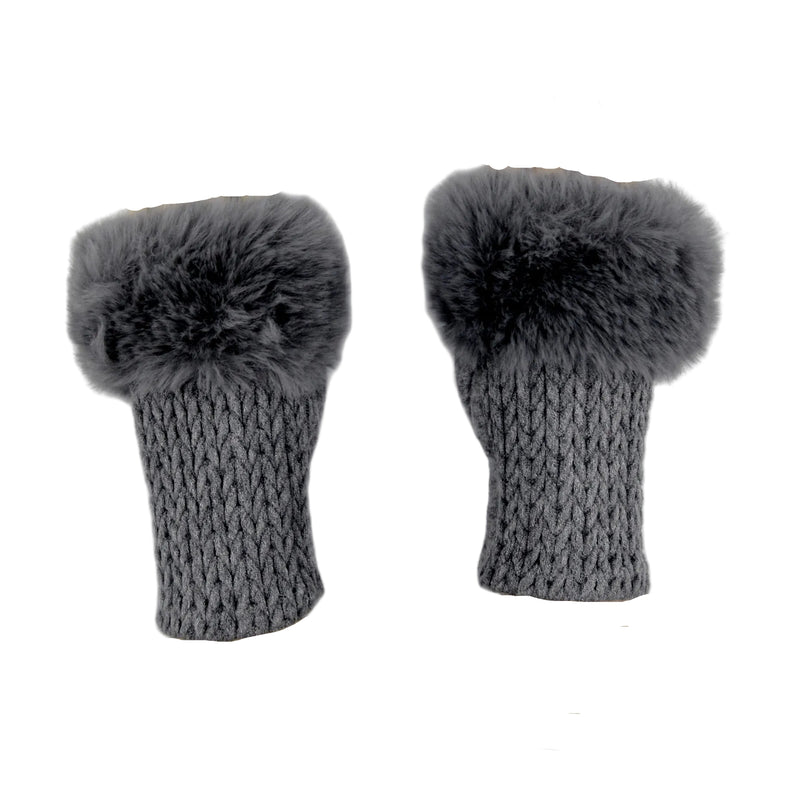 Cashmere Blend Fur Trimmed Fingerless Gloves - Charcoal