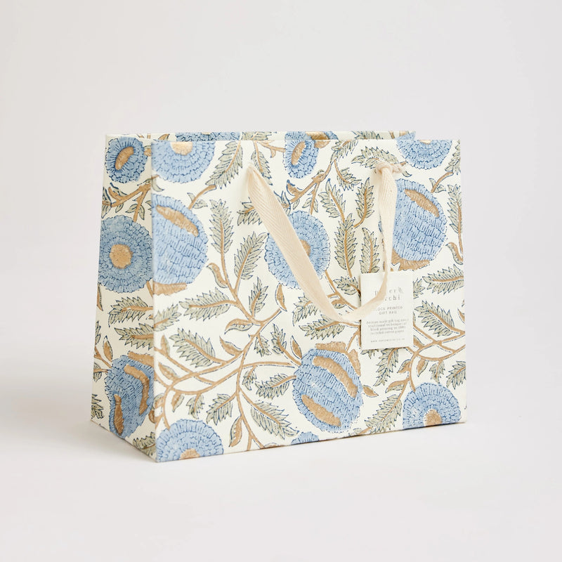 Hand Block Printed Gift Bags Blue Stone - Small