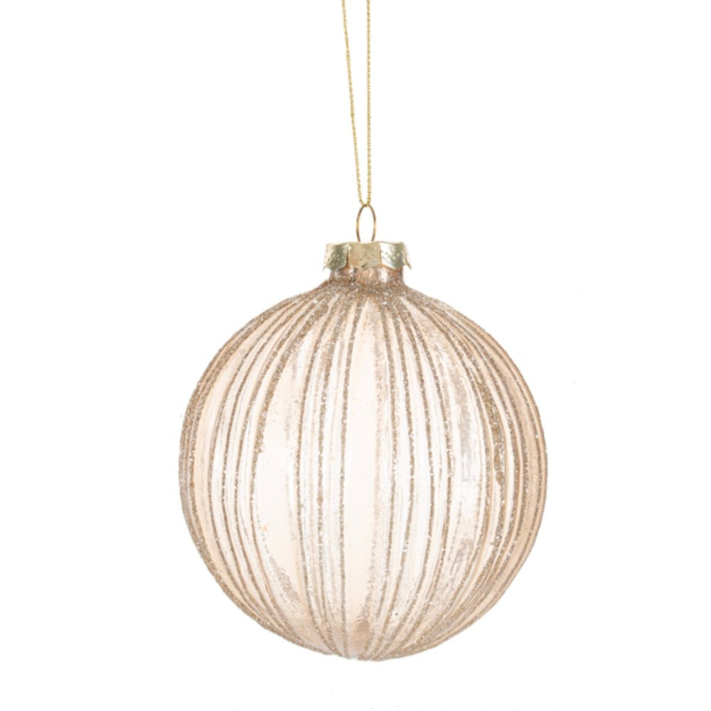 Amber with Silver Glitter Narrow Stripes Glass Ball Ornament | Putti 