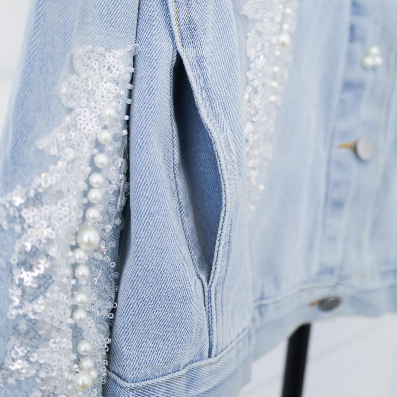 Romantic Floral & Pearl Light Blue Denim Jacket