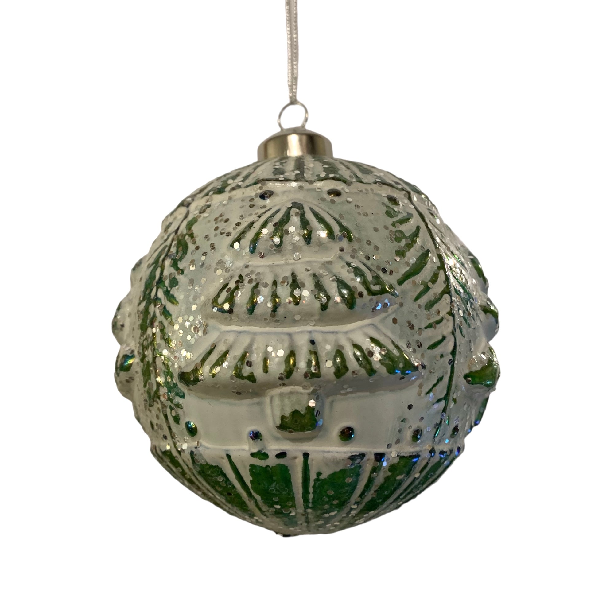 Embossed Green with White Wash Glass Ball Ornament