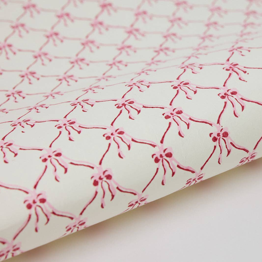 Hand Block Printed Wrapping Paper Sheets - Bows Pink Sorbet