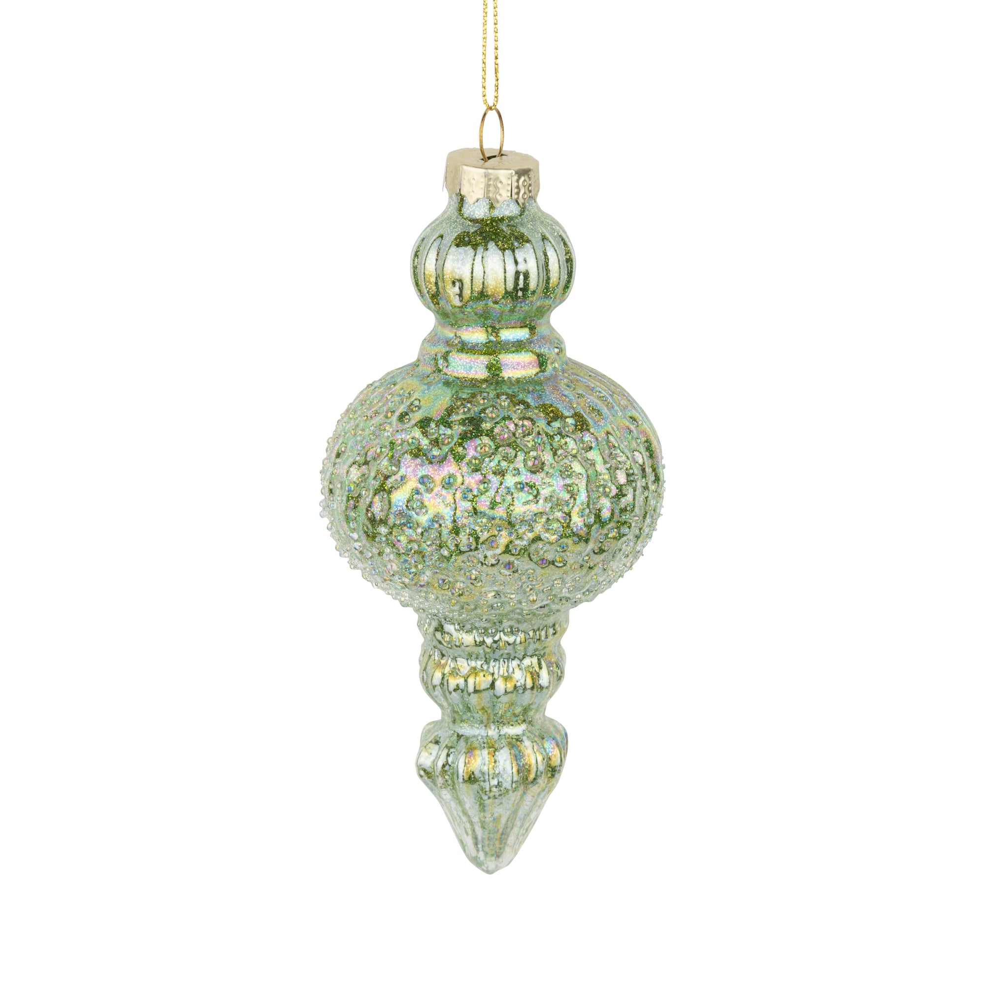 Molded Glass Finial Ornament Iridescent Green Finish | Putti Christmas Decorations