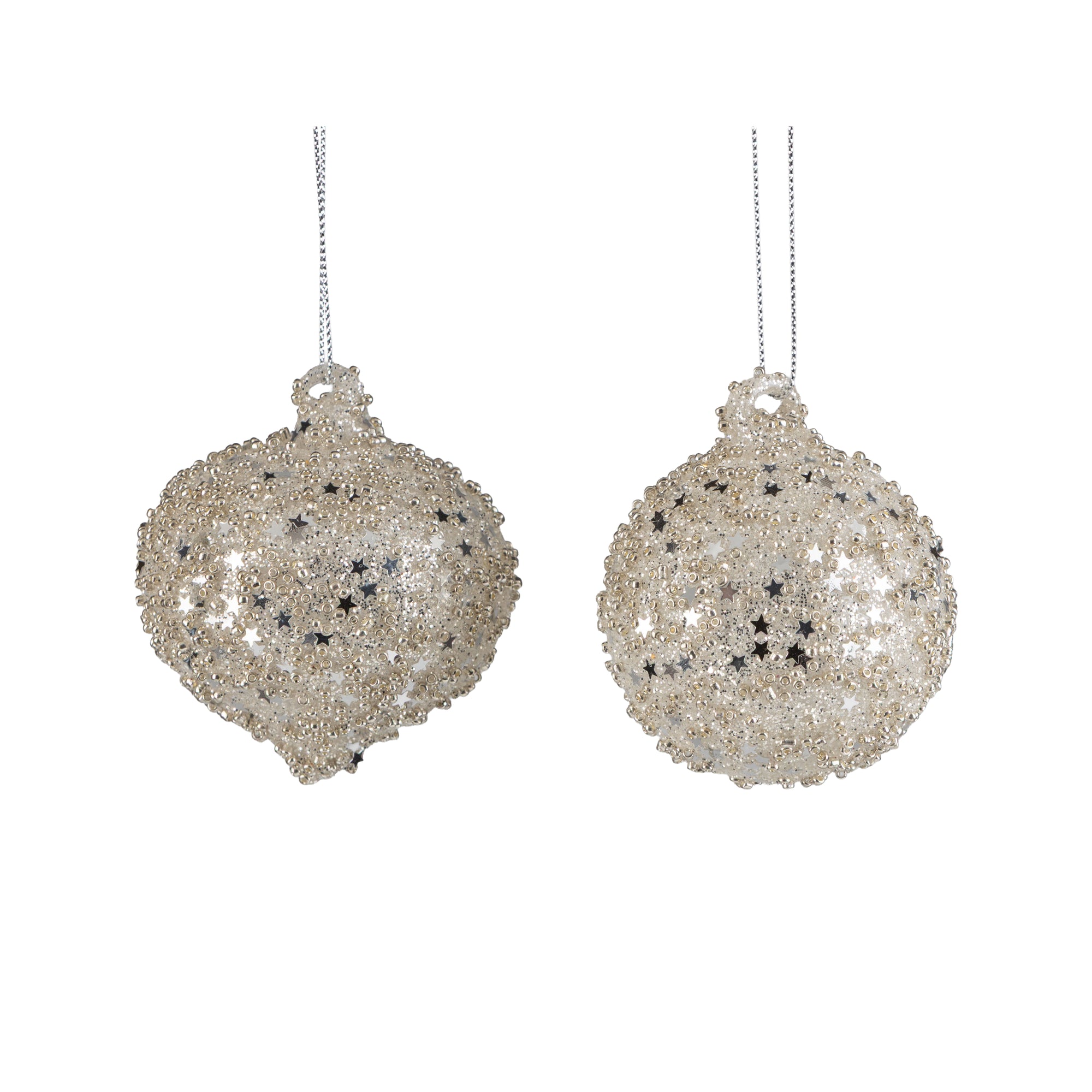 2 Assorted Glass Ball and Kismet Ornaments, Chunky Silver Bead and Glitter Finish