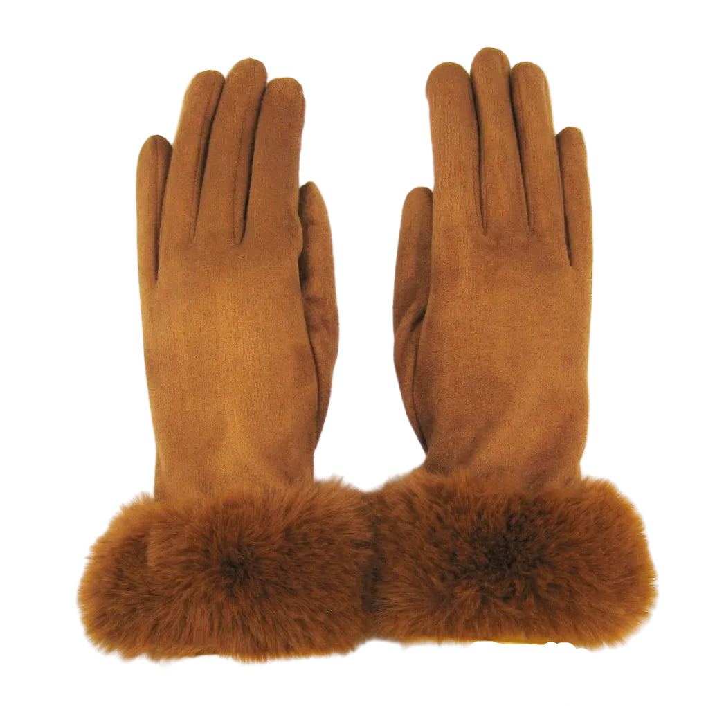 Fur Trimmed Ultra Suede Gloves - Brown