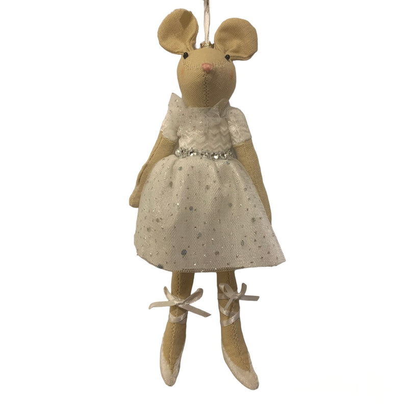 Fabric Mouse Ballerina with White Glitter Skirt Hanging Ornament