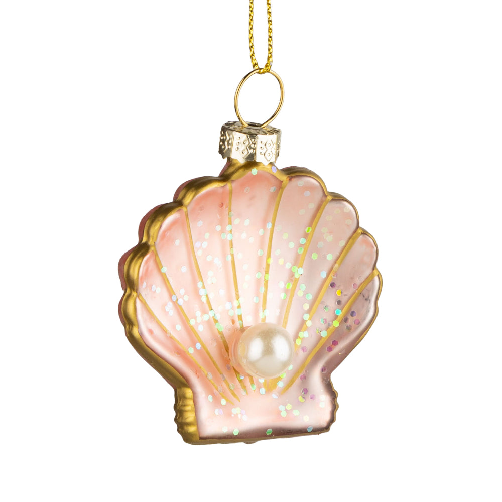 Pink Seashell with Pearl and Gold Accents Glass Ornament | Putti Christmas
