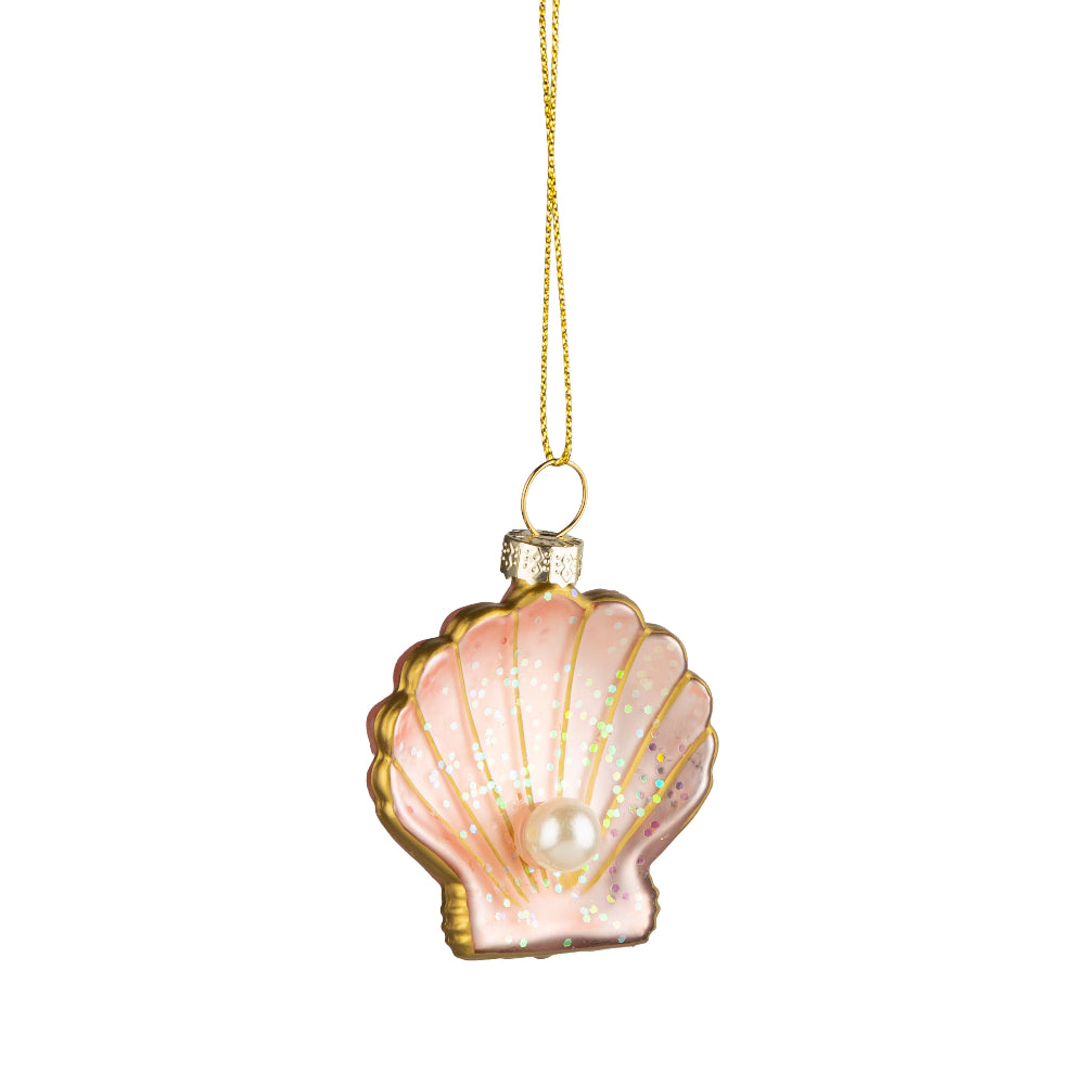 Pink Seashell with Pearl and Gold Accents Glass Ornament | Putti Christmas