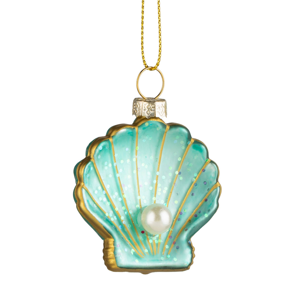 Aqua Seashell Ornament with Pearl and Gold Accents Glass Ornament