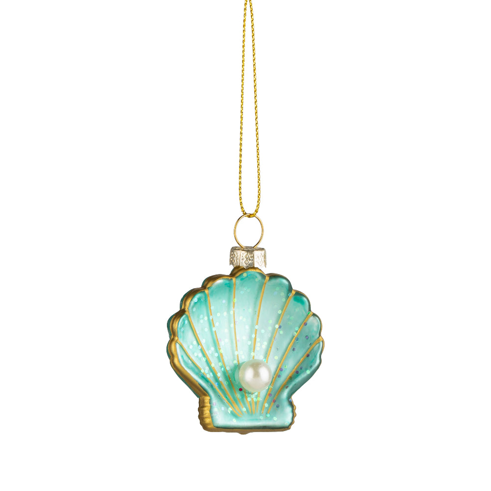 Aqua Seashell Ornament with Pearl and Gold Accents Glass Ornament