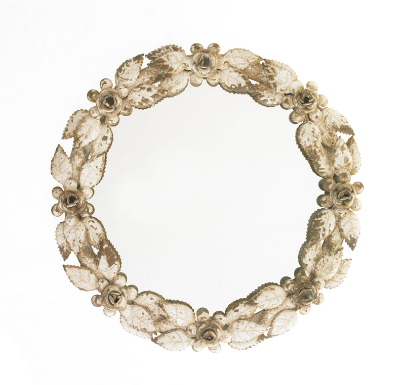 Antique White and Gold Metal Round Mirror