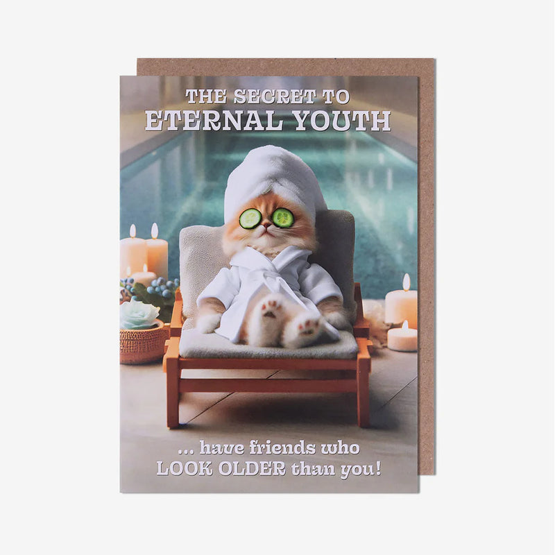 "The secret to eternal youth" Spa Cat Greeting Card