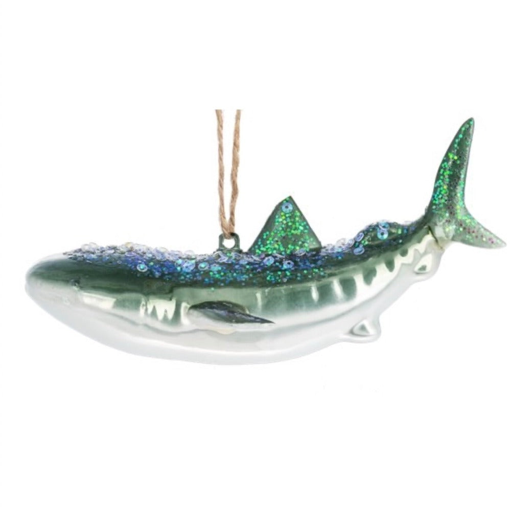 Aqua Blue Glittered Shark Glass Ornament | Putti Christmas