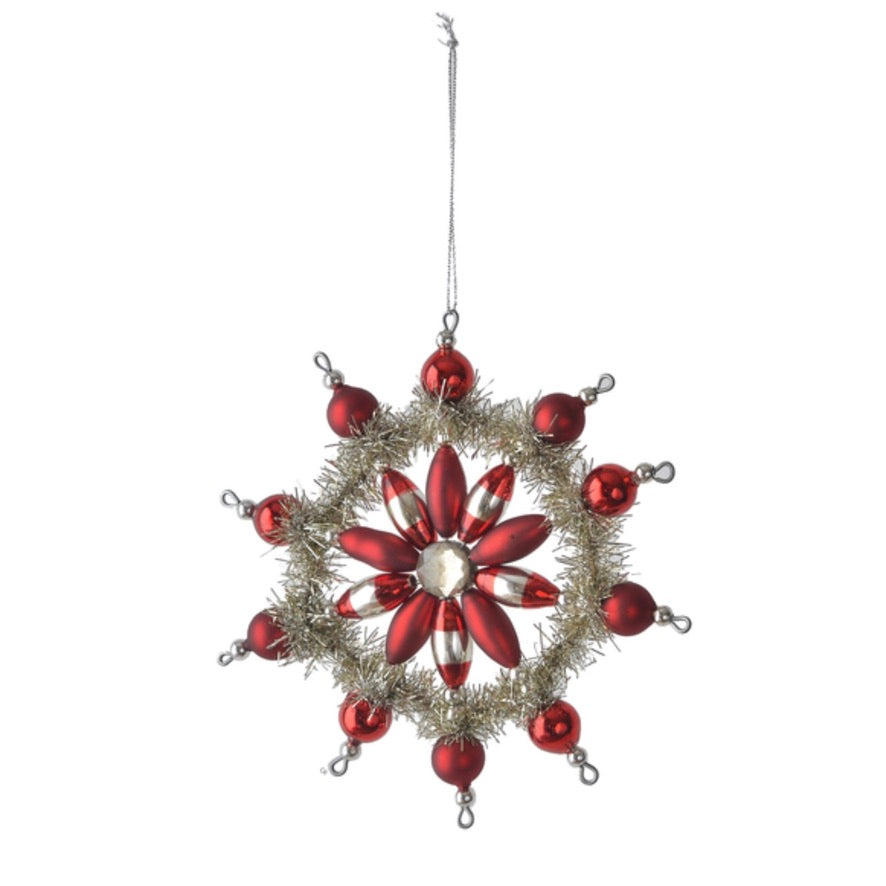 Retro Red Glass and Tinsel Snowflake Ornaments