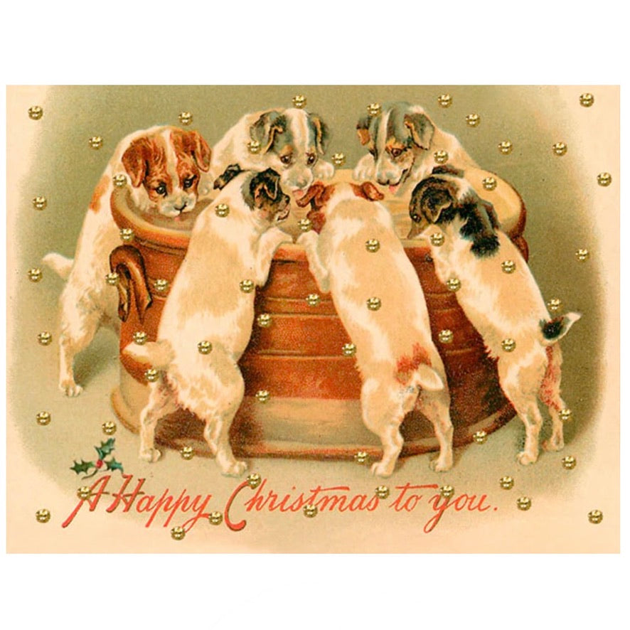 Puppies"A Happy Christmas" Little Vintage Greeting Card