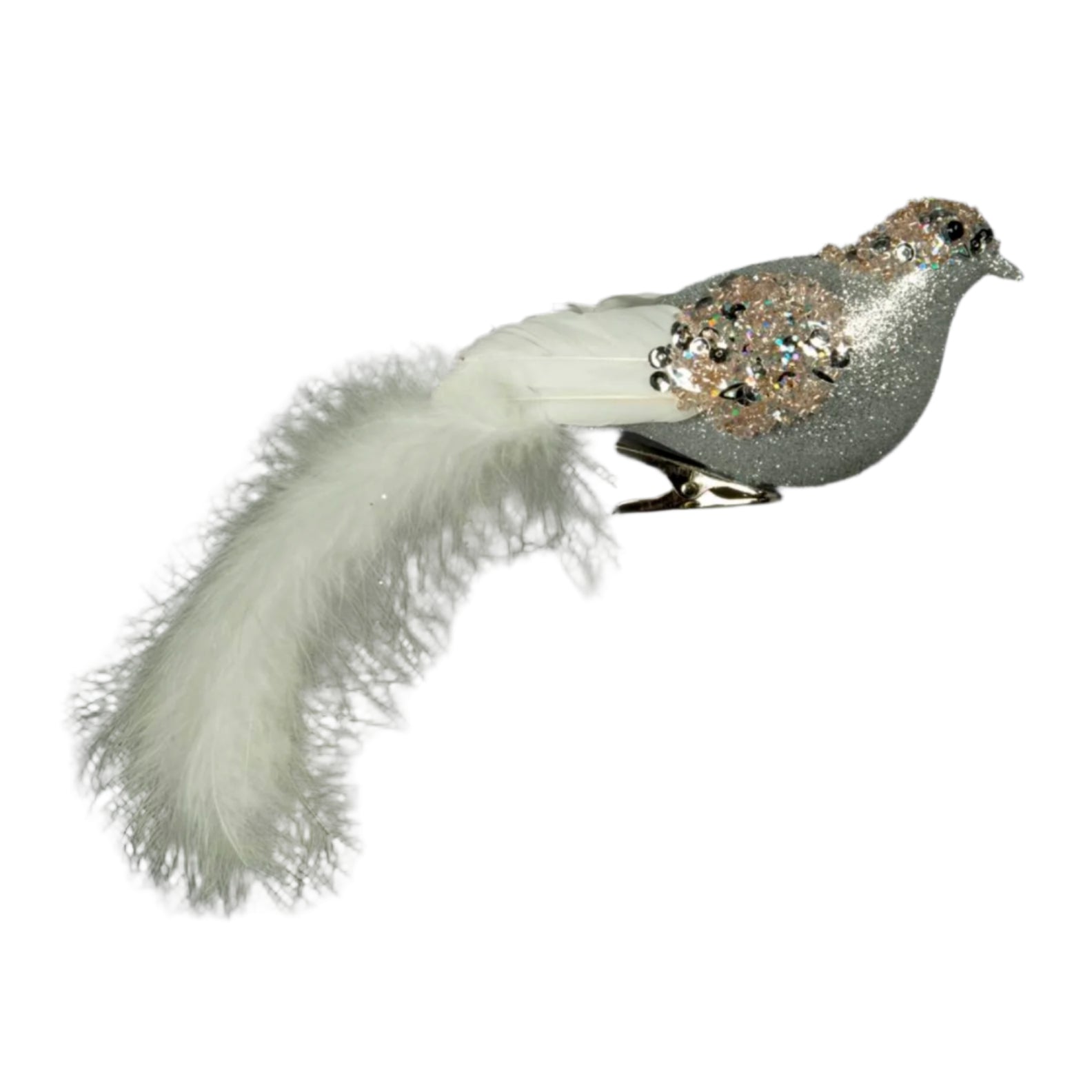 Silver Jeweled Bird with White Feather Tail | Putti Christmas Decorations