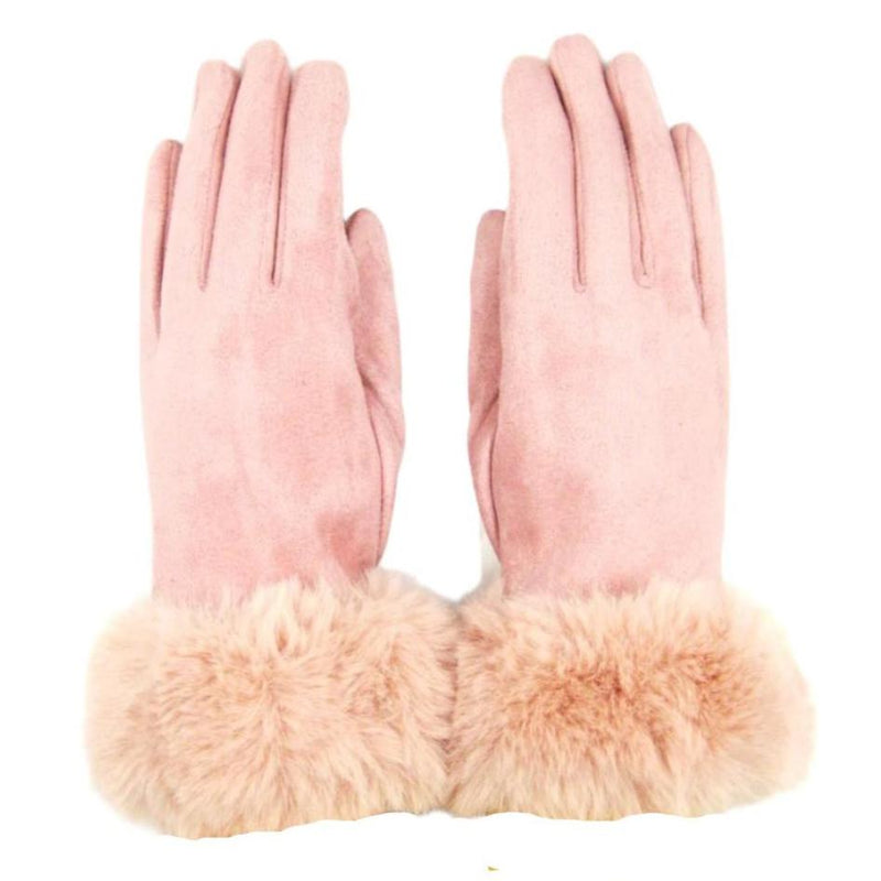 Fur Trimmed Ultra Suede Gloves - Pink