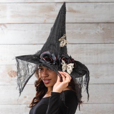 Black Hat with Black Flowers, Skull & Net | Putti Halloween Costumes