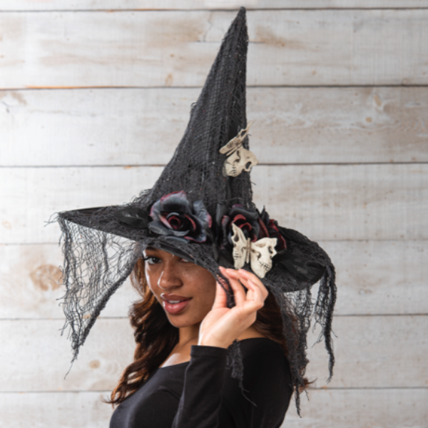 Black Hat with Black Flowers, Skull & Net | Putti Halloween Costumes