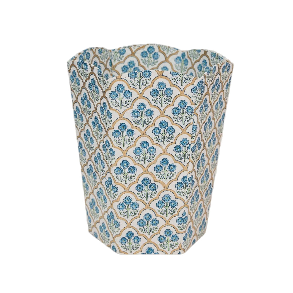 Block Printed Waste Paper Basket - Trellis Indigo | Putti Fine Furnishings