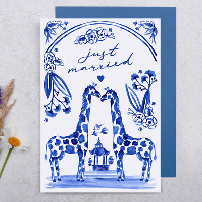 "Just Married" Blue Hand Painted Giraffe Greeting Card | Putti