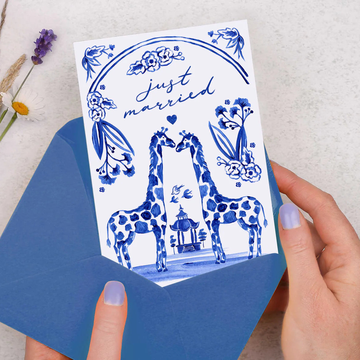 "Just Married" Blue Hand Painted Giraffe Greeting Card | Putti