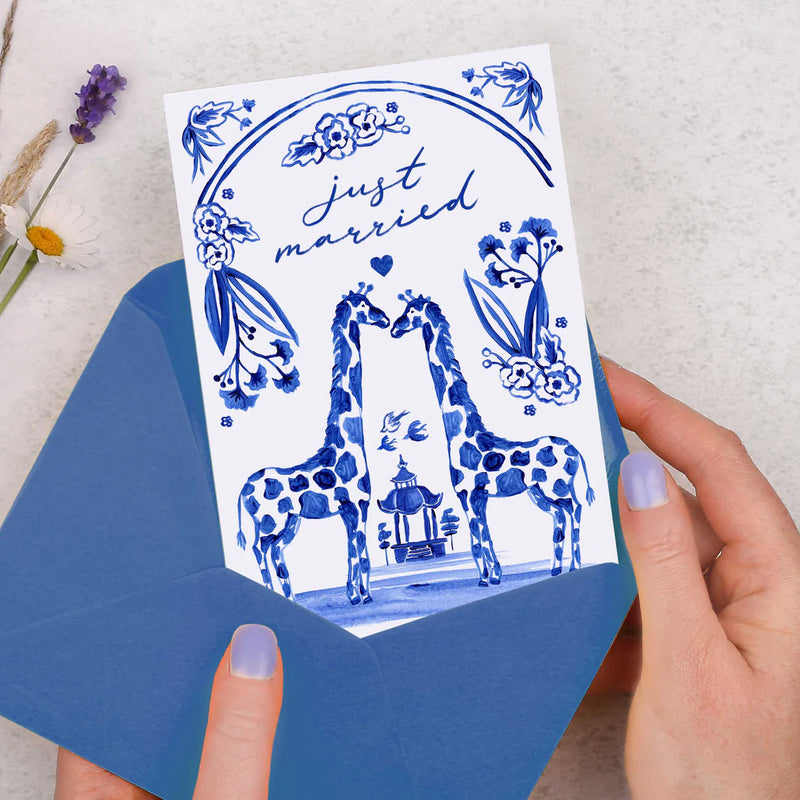 "Just Married" Blue Hand Painted Giraffe Greeting Card | Putti
