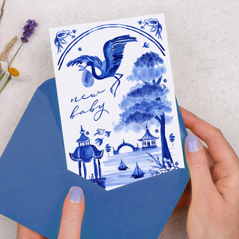 "New Baby" Blue Hand Painted Stork Greeting Card