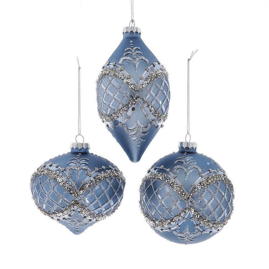 Blue & Platinum Glass Ornaments | Putti Christmas