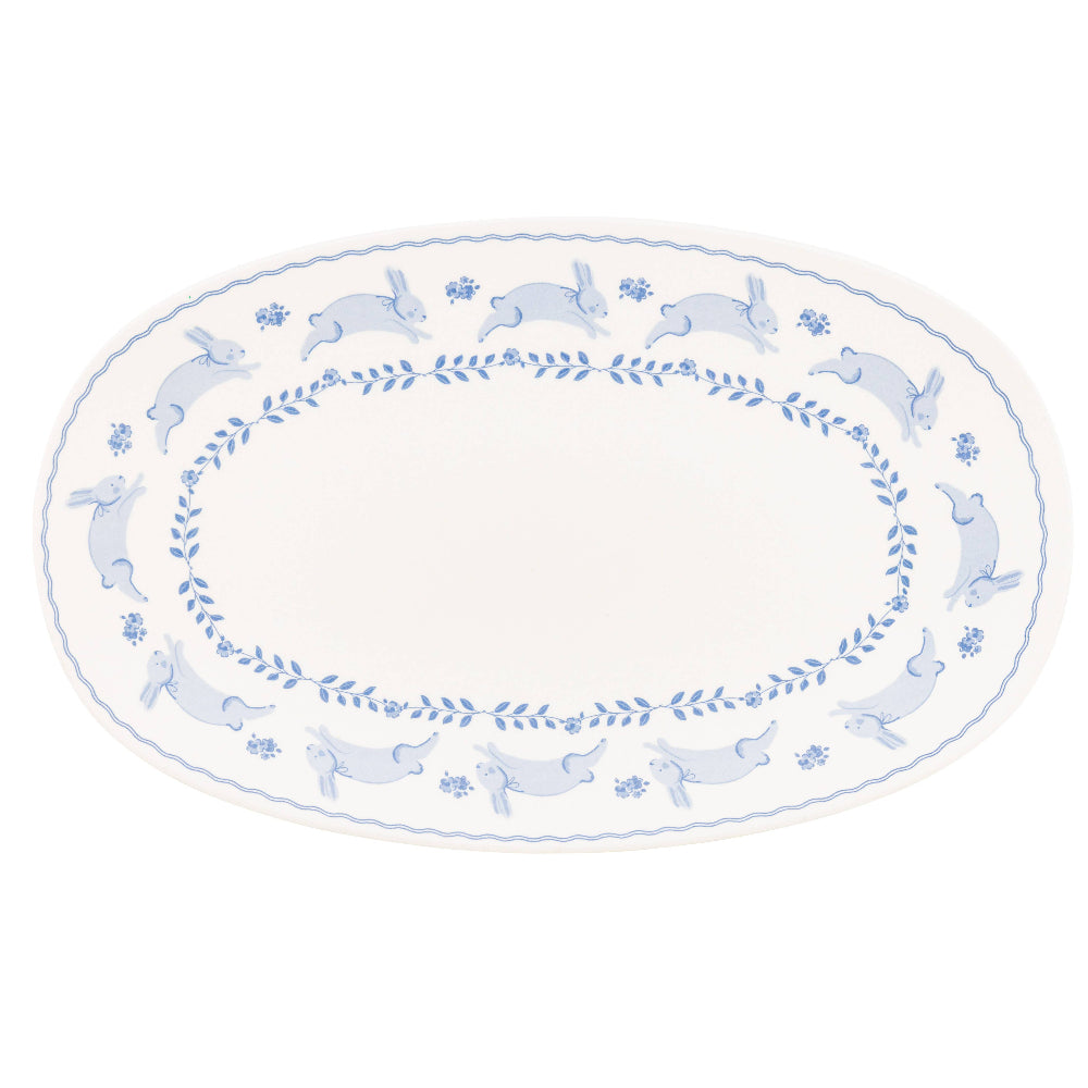 Blue & White Bunny Oval Bamboo Tray | Putti Fine Furnishings