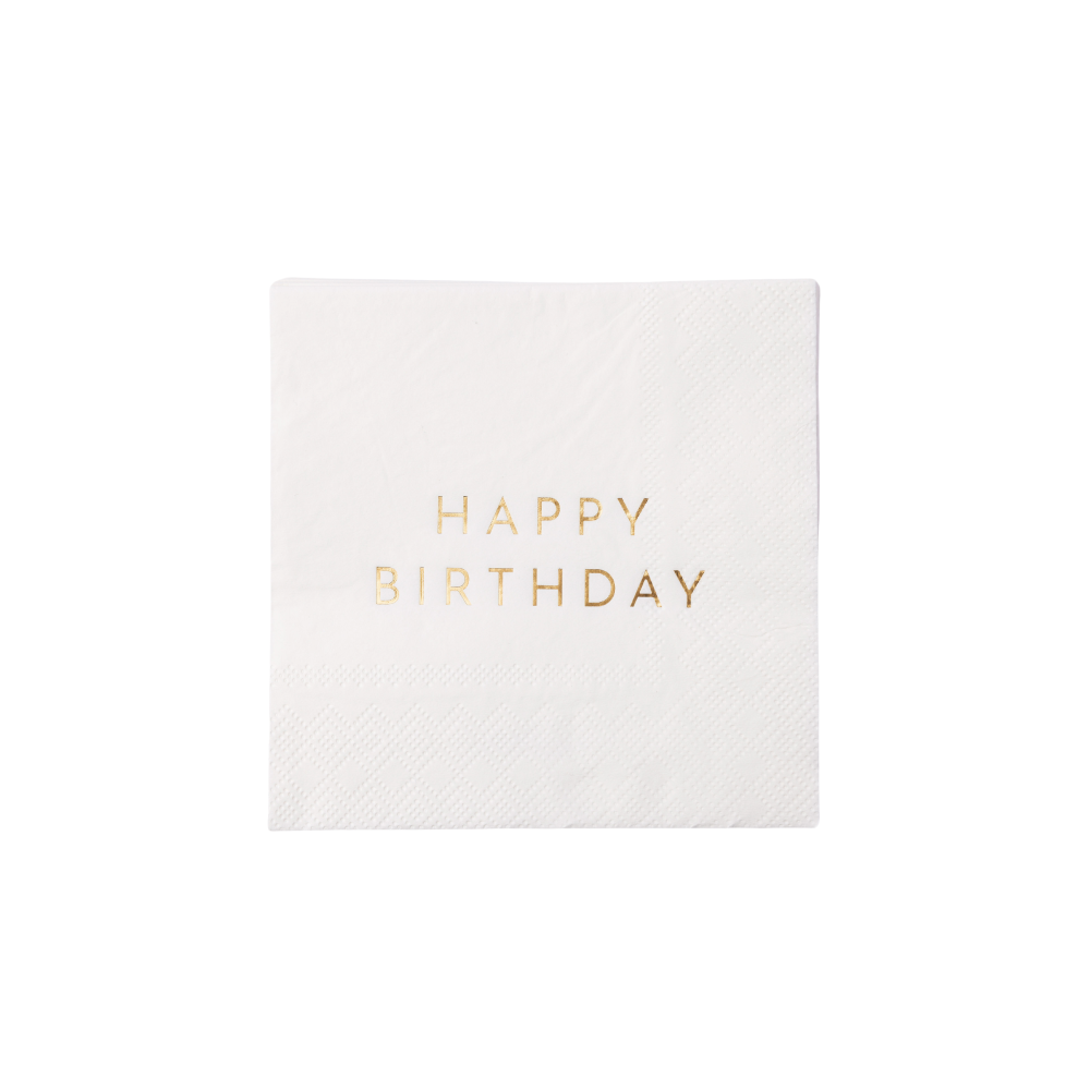 Bonjour Fête white & Gold "Hapy Birthday" Paper Cocktail Napkins | Putti