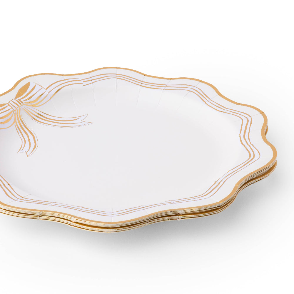 Bonjour Fete Elegant Cream & Gold Bow Paper Dinner Plates | Putti Party Supplies