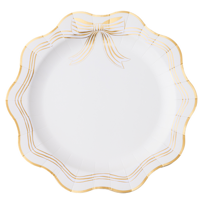 Bonjour Fete Elegant Cream & Gold Bow Paper Dinner Plates | Putti Party Supplies