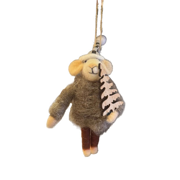 Brown Felt Mouse with Tree Ornament | Putti Christmas Decorations