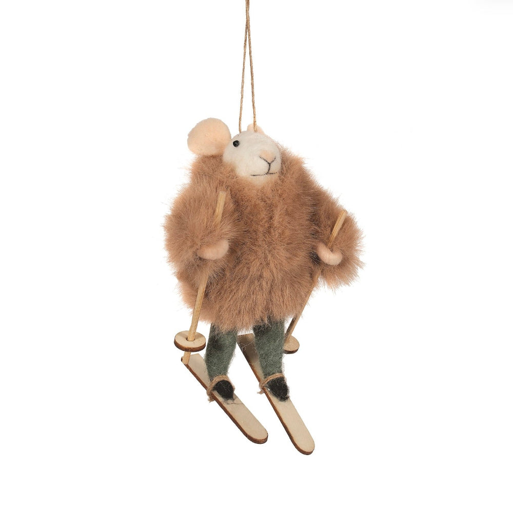 Brown Fur Coat with Skis Felt Mouse Ornament | Putti Christmas Decorations