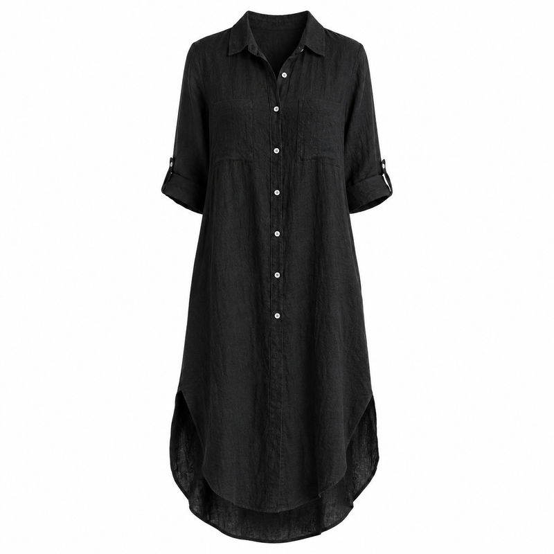 Button Front Long Linen Shirt Dress - Black | Putti Fine Fashions