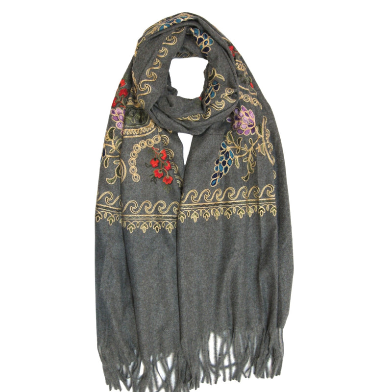 Cashmere Blend Embroidery Grape Pattern Scarf - Grey