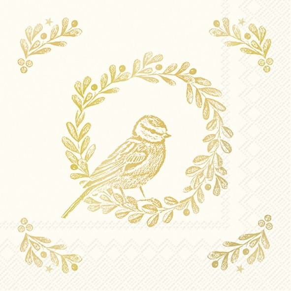 Gold Bird in Wreath Paper Napkin - Cocktail | Putti Christmas Party Supplies