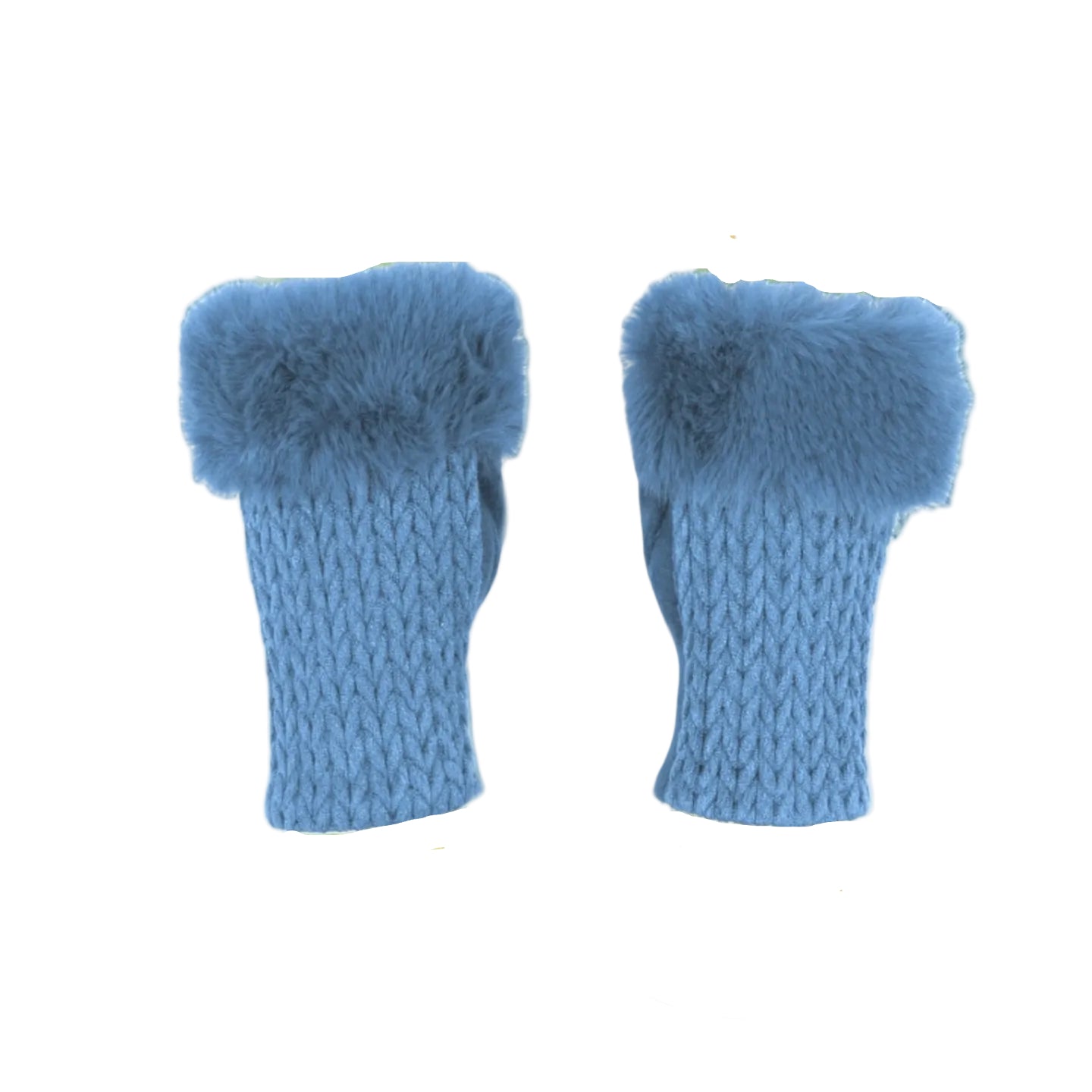 Cashmere Blend Fur Trimmed Fingerless Gloves - Light Blue