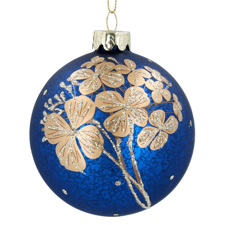 Antique Blue & Gold Flowers Glass Ball Ornament | Putti Christmas Decorations