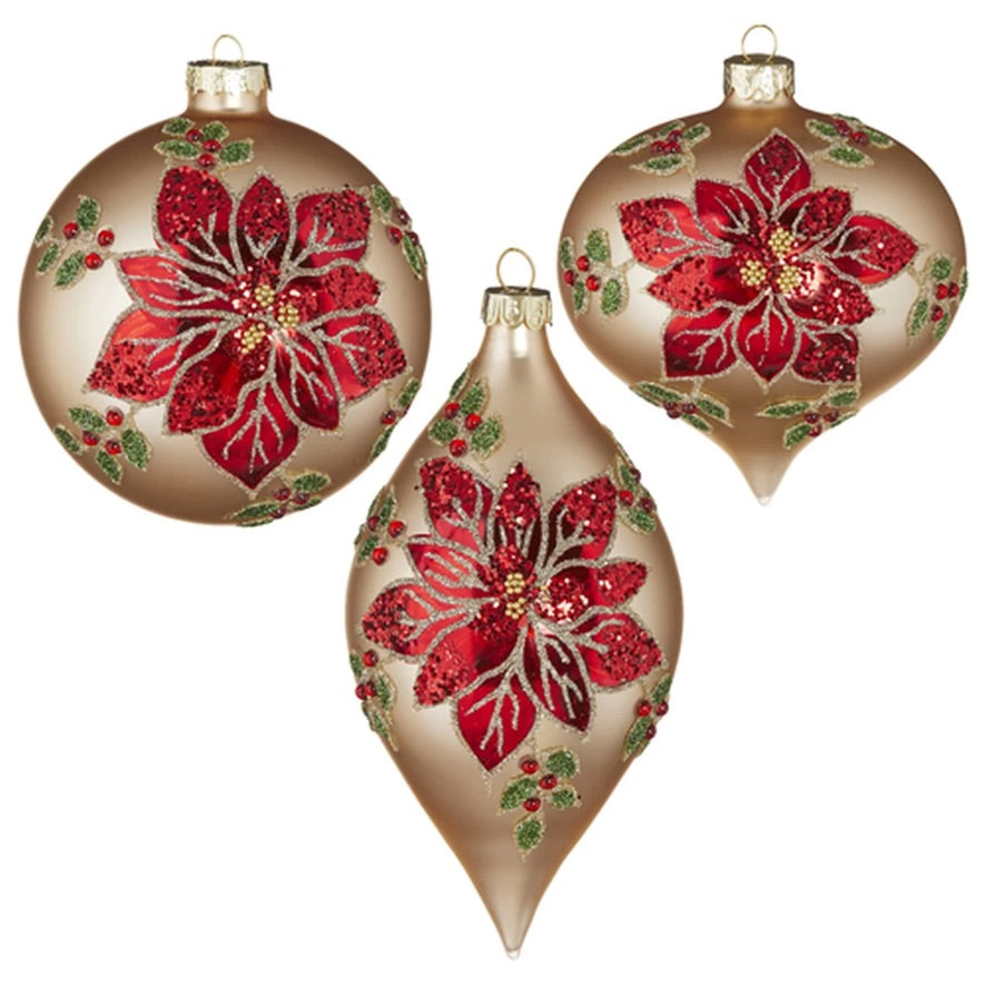 Red Glittered Ponsettia Glass Ball Ornament