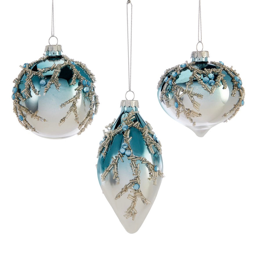 Aqua Ombre with Silver Branches Glass Ball Ornaments | Putti Christmas Celebrations
