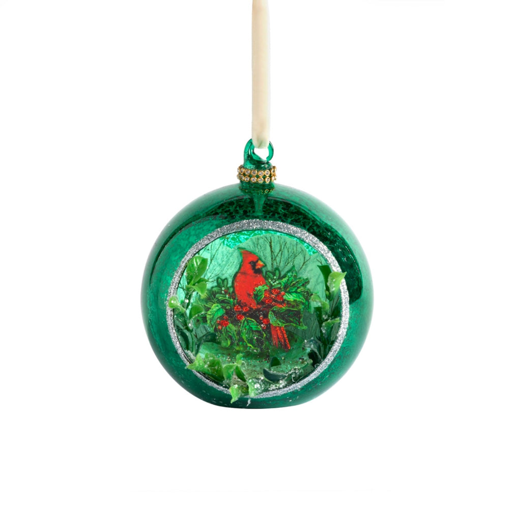 Cardinal Open Glass Scene Ornament - Green | Putti Christmas Decorations