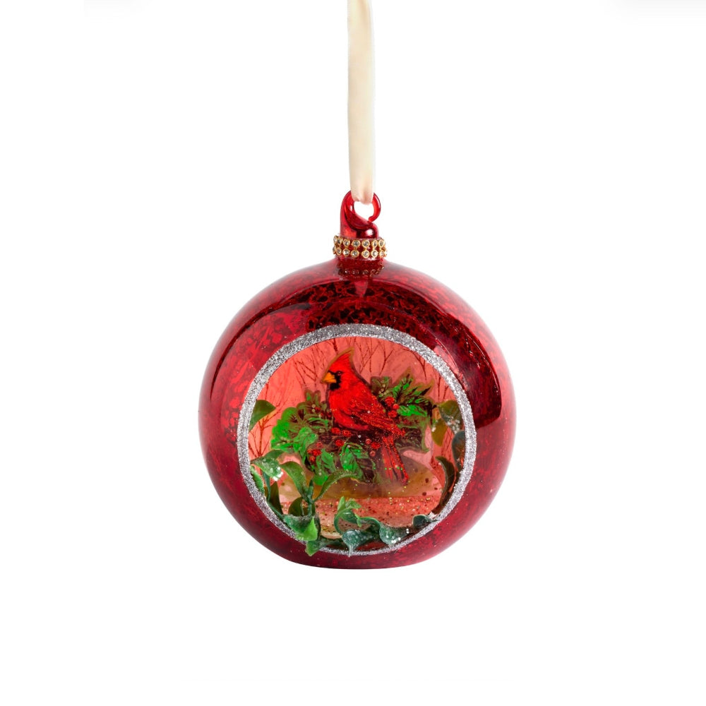 Cardinal Open Glass Scene Ornament - Red | Putti Christmas Decorations