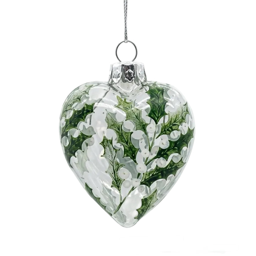 Clear Glass Heart with Holly Pattern | Putti Christmas Decorations