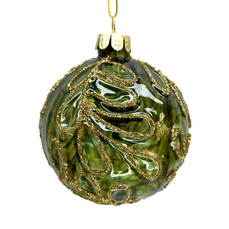 Clear Green with Embossed Glitter Leaf Glass Ball  | Putti Christmas Decotrations