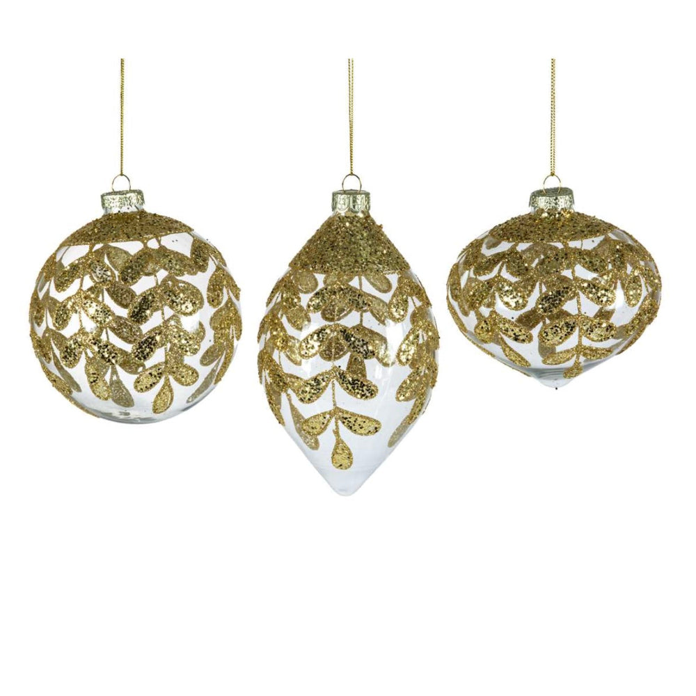Clear with Gold Leaves Glass Ornament | Putti Christmas Decorations